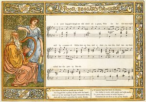 "Filha de um pobre mendigo", ilustração da canção de "Pan-Pipes", um livro de canções antigas, recentemente arranjado e com acompanhamentos por Theo. Marzials, publicado em Londres por George Routledge und Sons, 1884 (col de Walter Crane